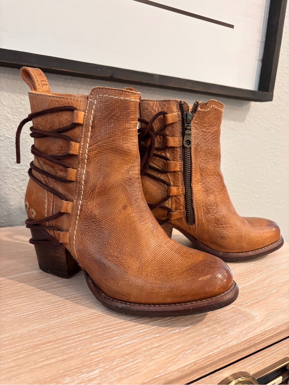 BED|STU Women's Cognac Leather Lace-Up Ankle Booties